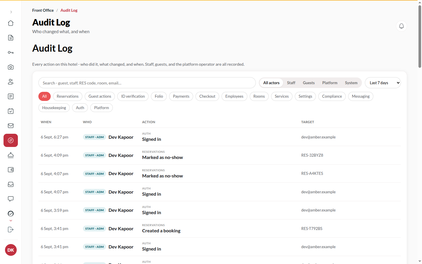 Screenshot: the Audit log