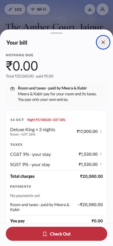 Screenshot: the bill when the hosts pay for the room and taxes