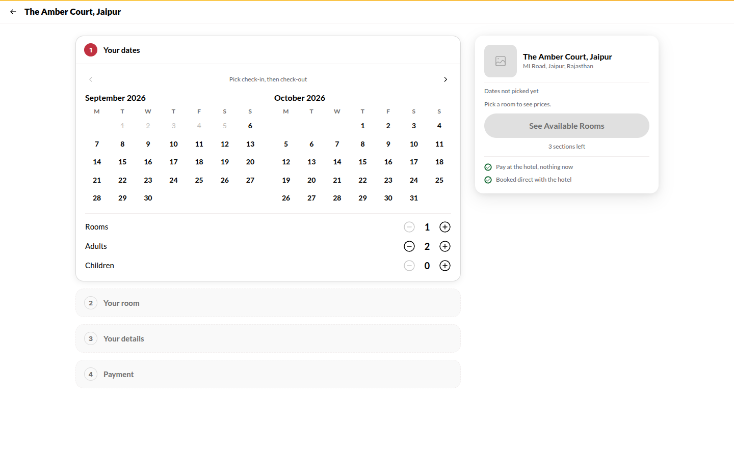 Screenshot: the booking panel at the Room step
