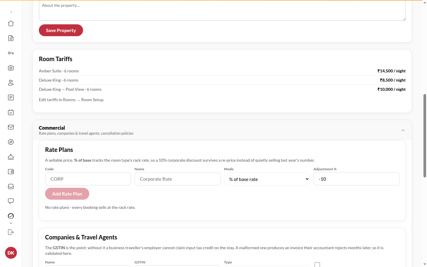 Screenshot: the Rate plans section