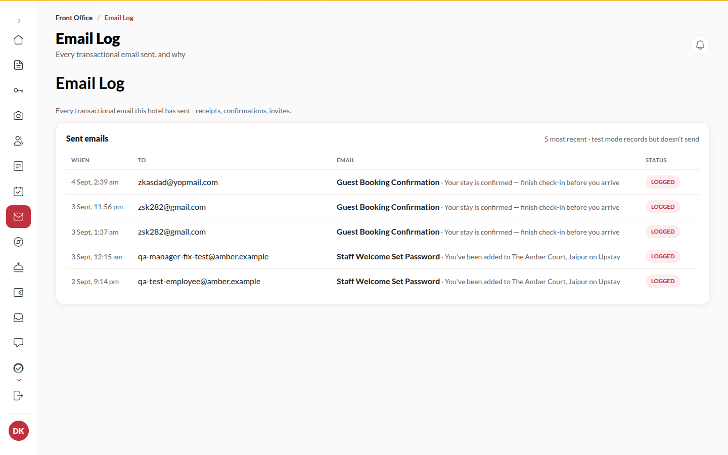 Screenshot: the Email log