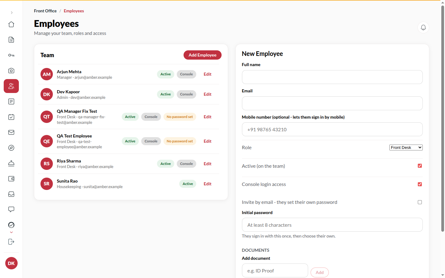 Screenshot: adding an employee