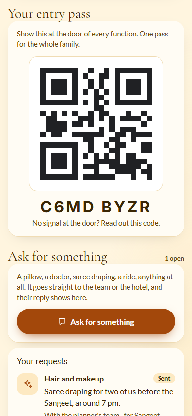 Screenshot: Your entry pass with the QR code and the code under it