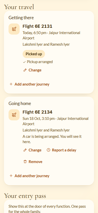 Screenshot: Your travel with Getting there and Going home