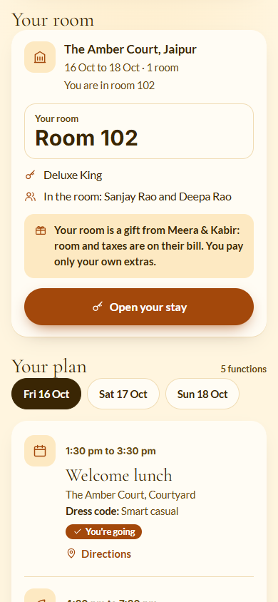 Screenshot: Your room with the room number and the hosts paying