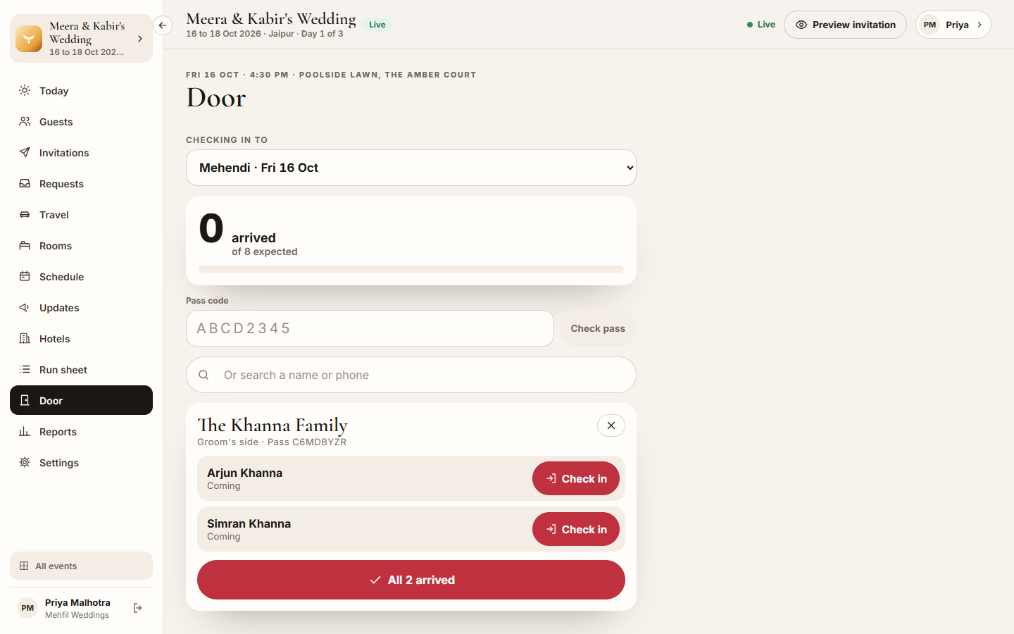 Screenshot: the Door with a family found and Check in beside each person