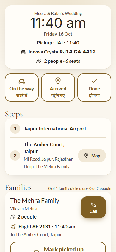 Screenshot: the driver's trip with the time, the status buttons, the stops and the families