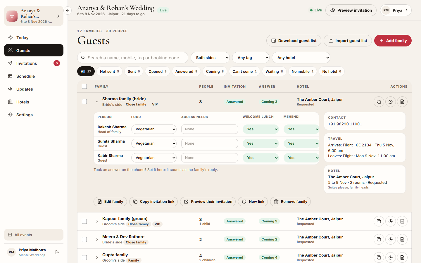 Screenshot: an open family with answers for each function