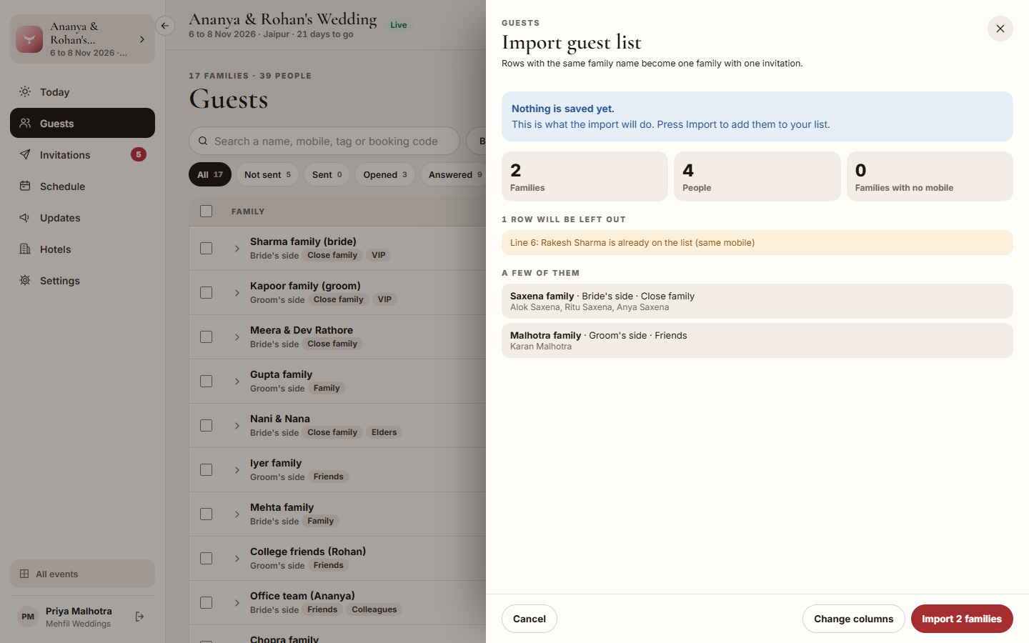Screenshot: the import preview with families, people and rows left out