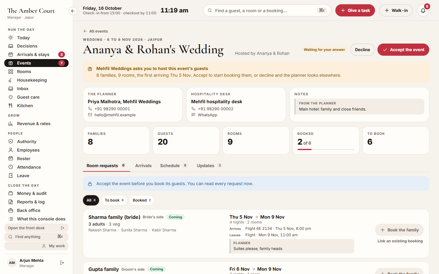 Screenshot: an event waiting for the manager's answer