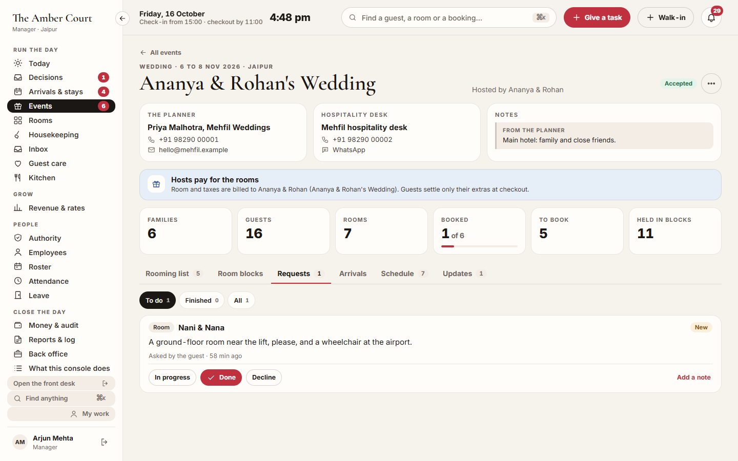 Screenshot: the Requests tab with a guest's room request