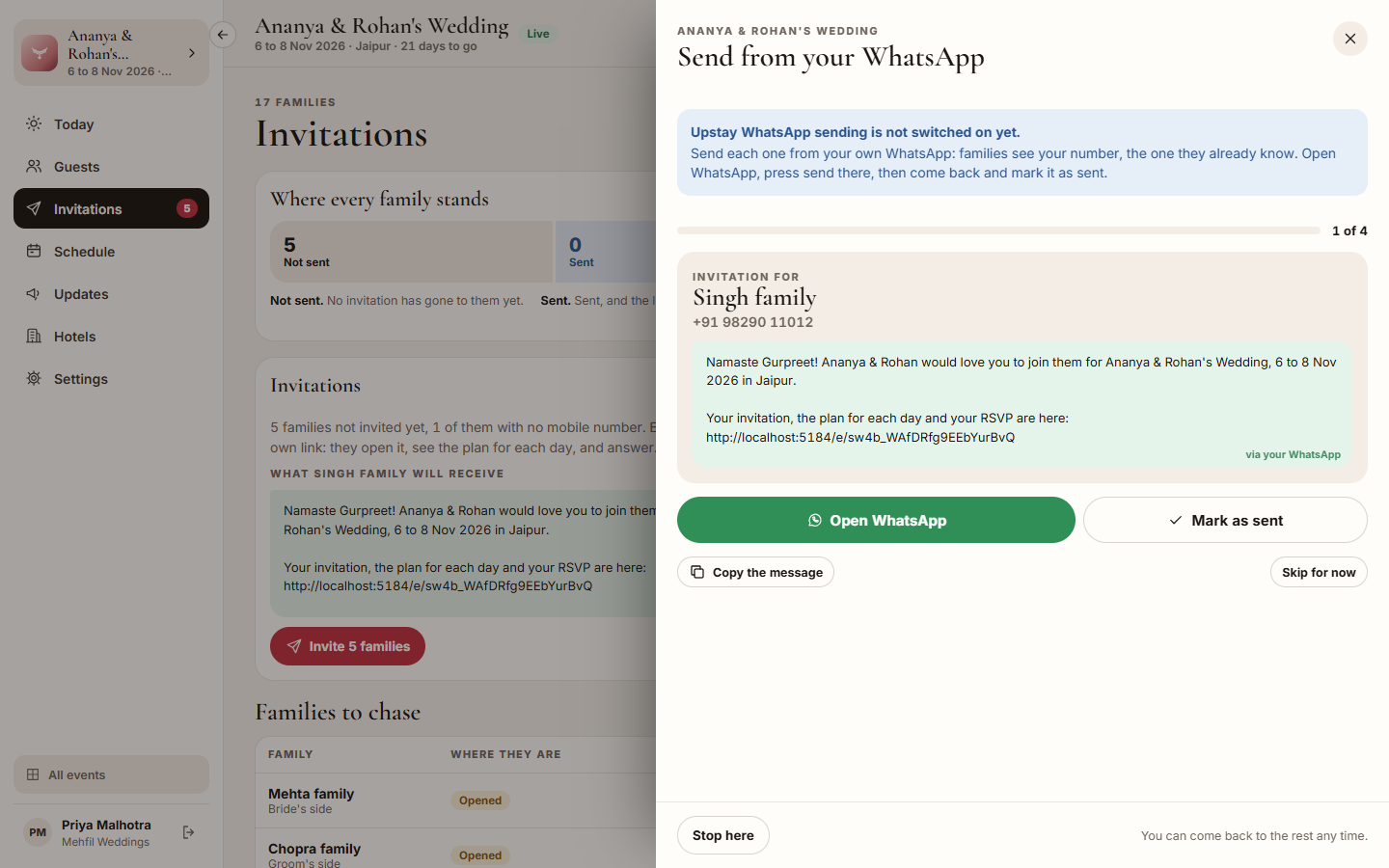 Screenshot: Send from your WhatsApp, with Open WhatsApp and Mark as sent