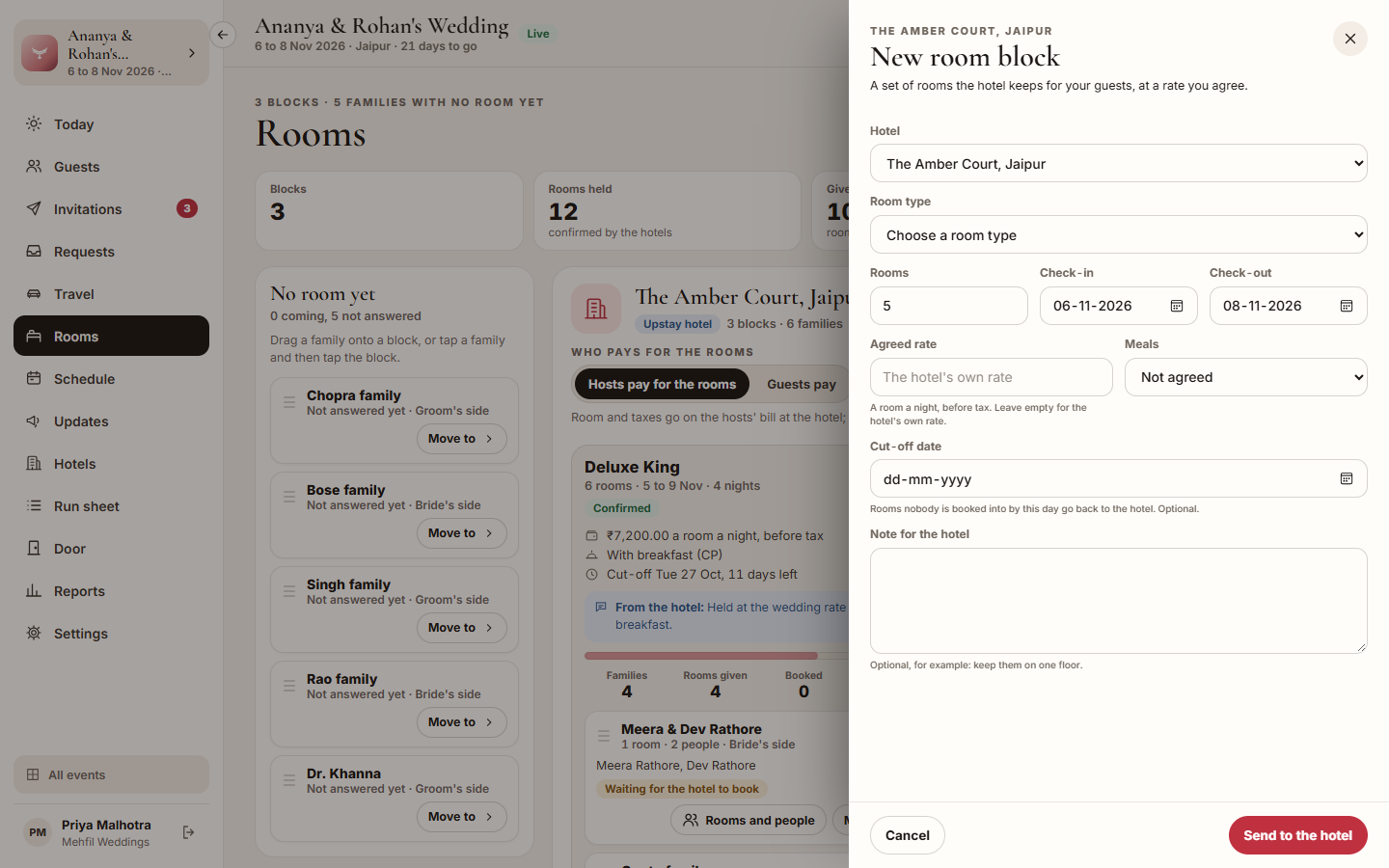 Screenshot: the New room block drawer