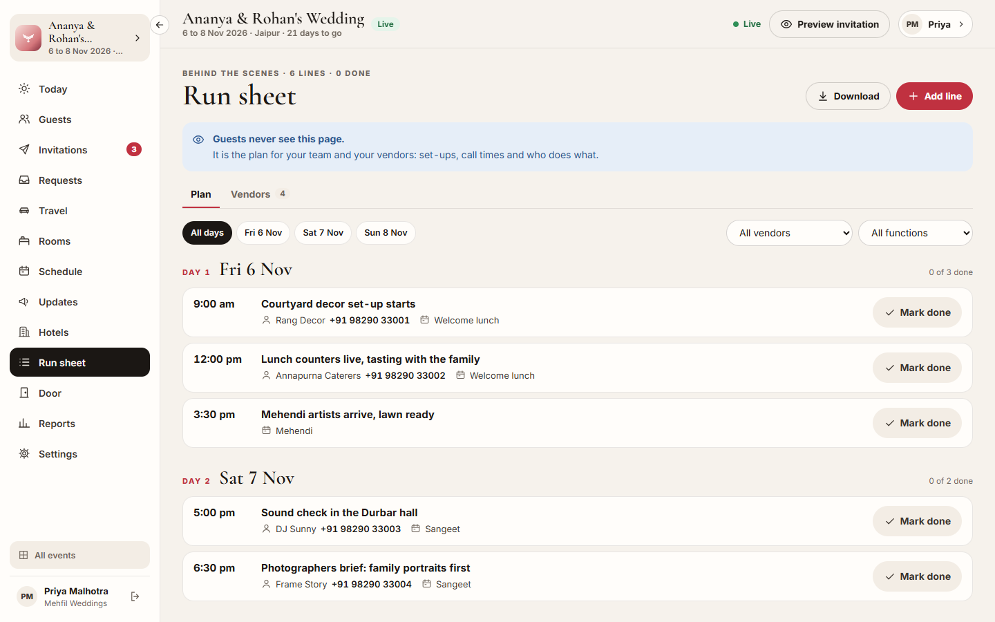 Screenshot: the run sheet by day with Mark done