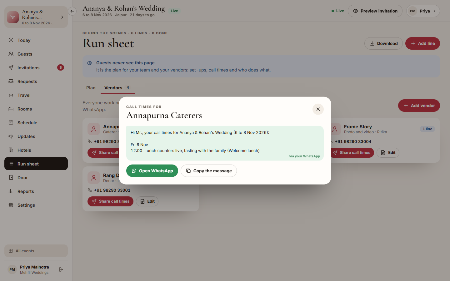 Screenshot: a vendor's call times, ready to send