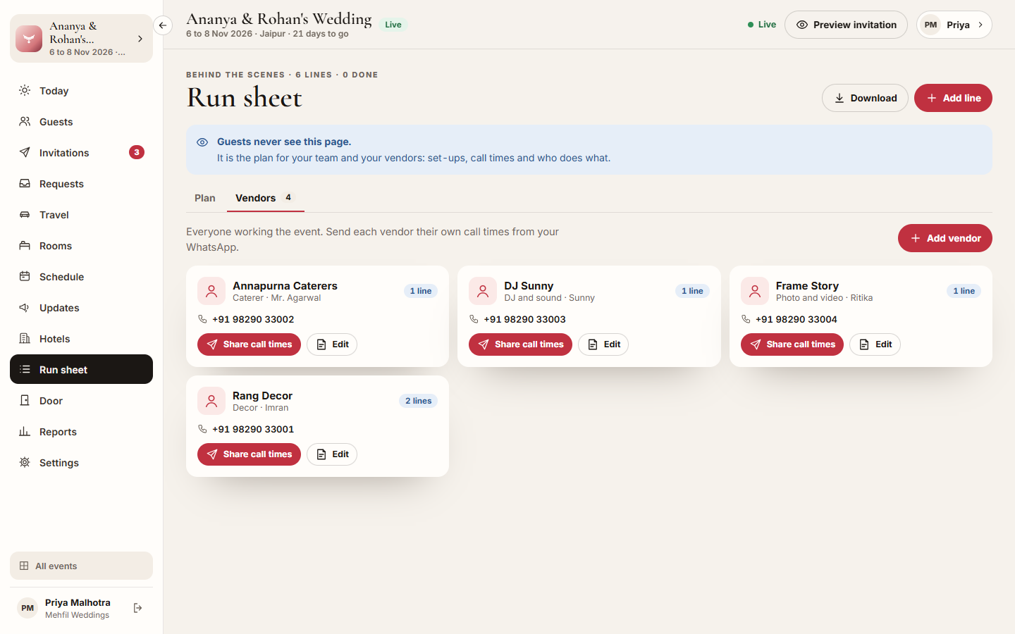 Screenshot: the Vendors tab