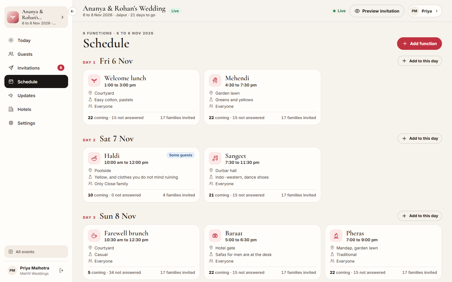Screenshot: the Schedule page with functions under each day