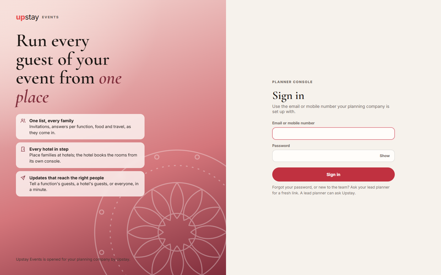 Screenshot: the planner console sign-in page