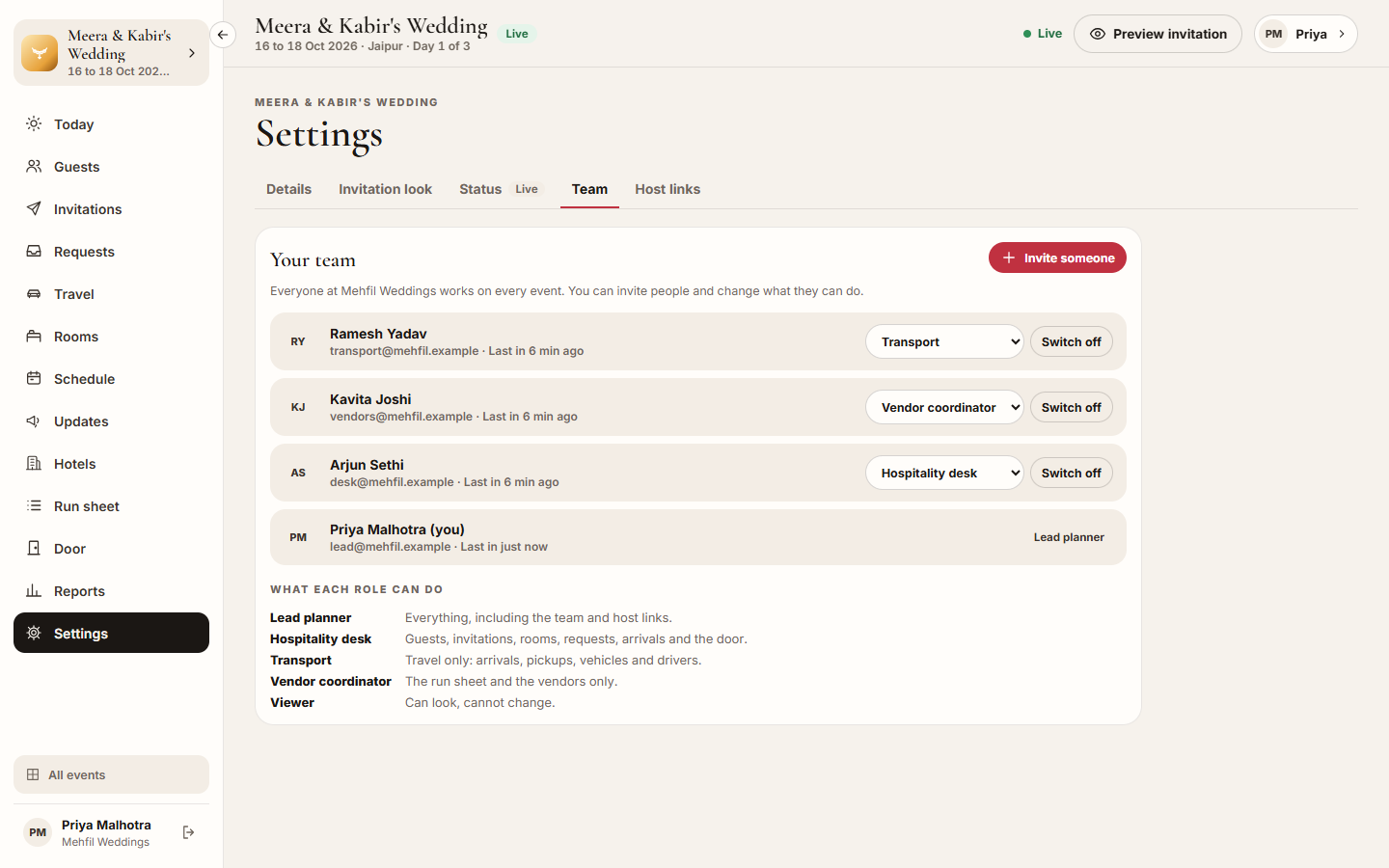Screenshot: the Team tab with each person's role and What each role can do