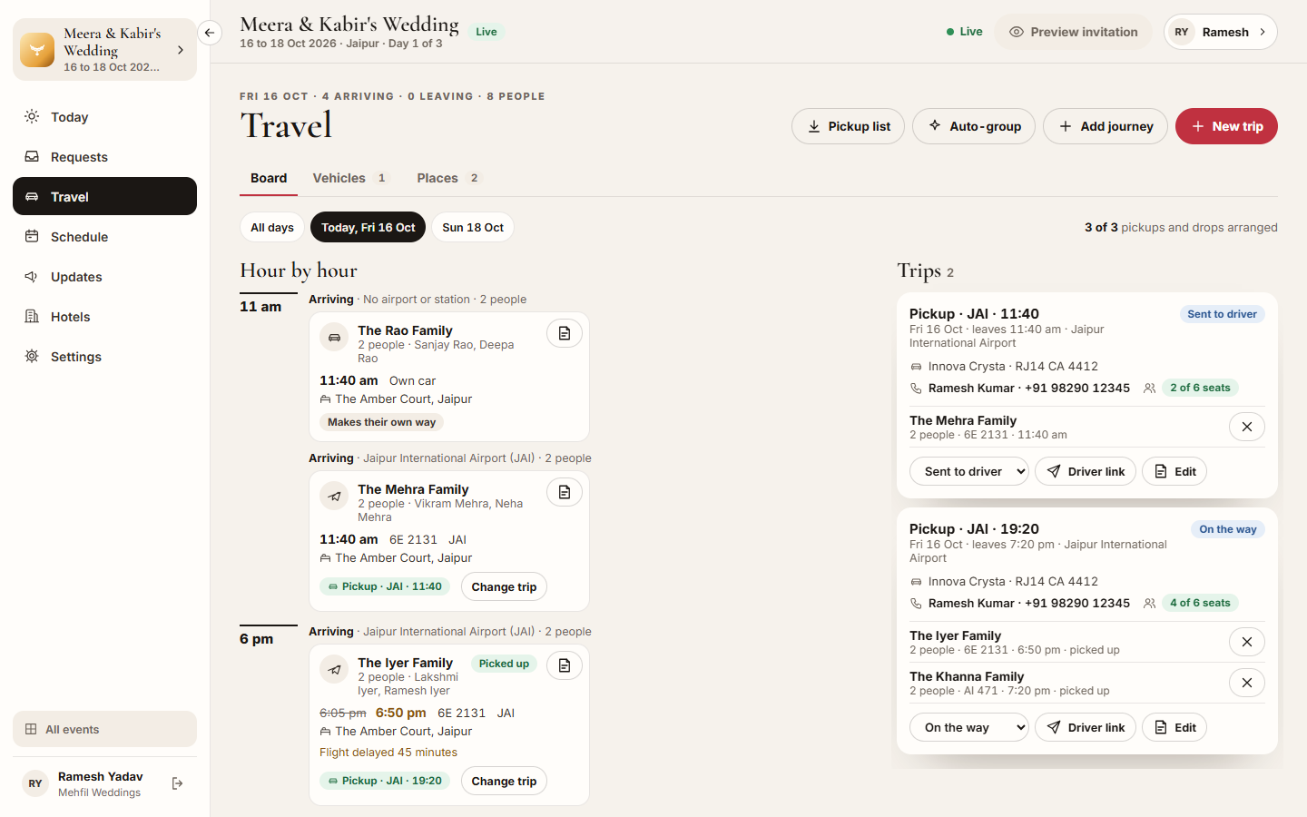Screenshot: a Transport team member's console, with only the pages Transport opens