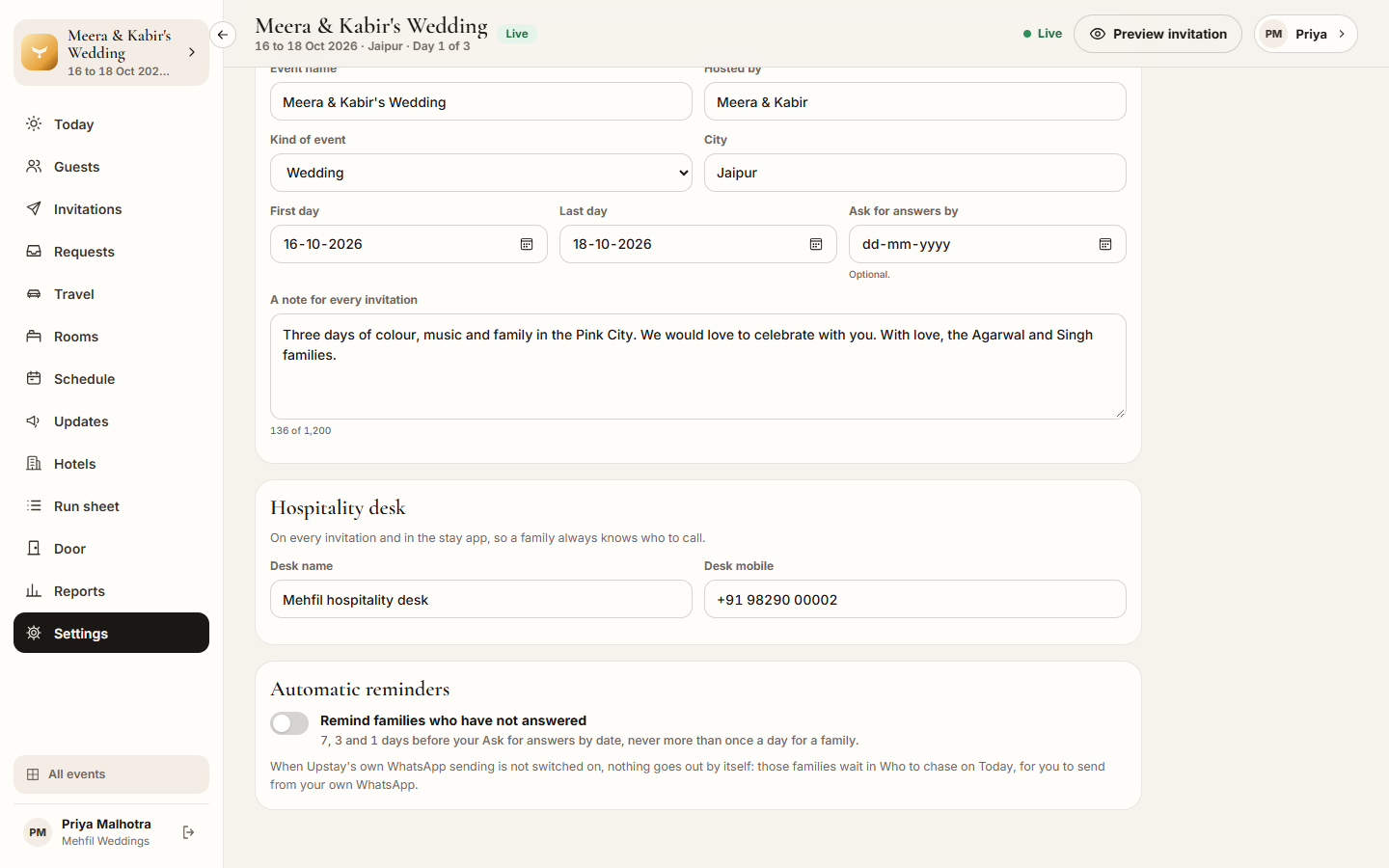 Screenshot: the Automatic reminders switch under the event's details