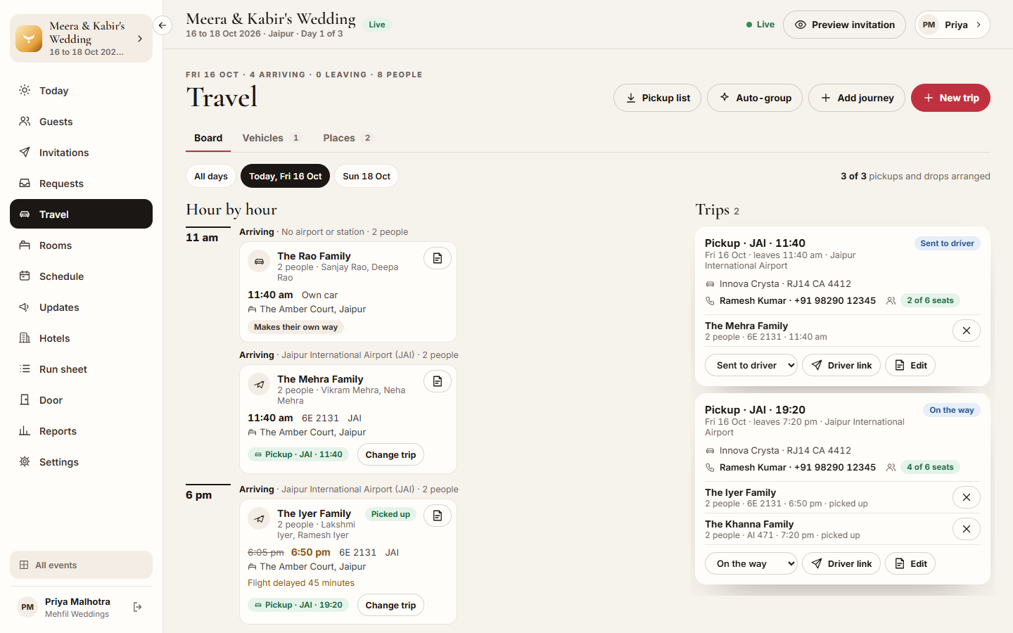 Screenshot: the Travel board with journeys hour by hour and the trips