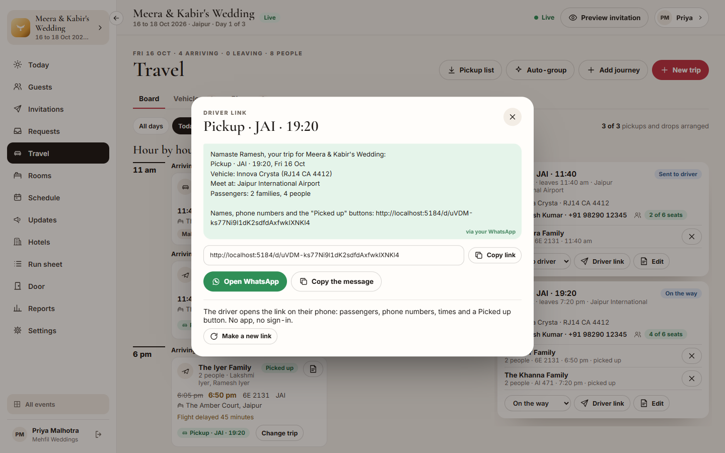 Screenshot: the Driver link with the WhatsApp message