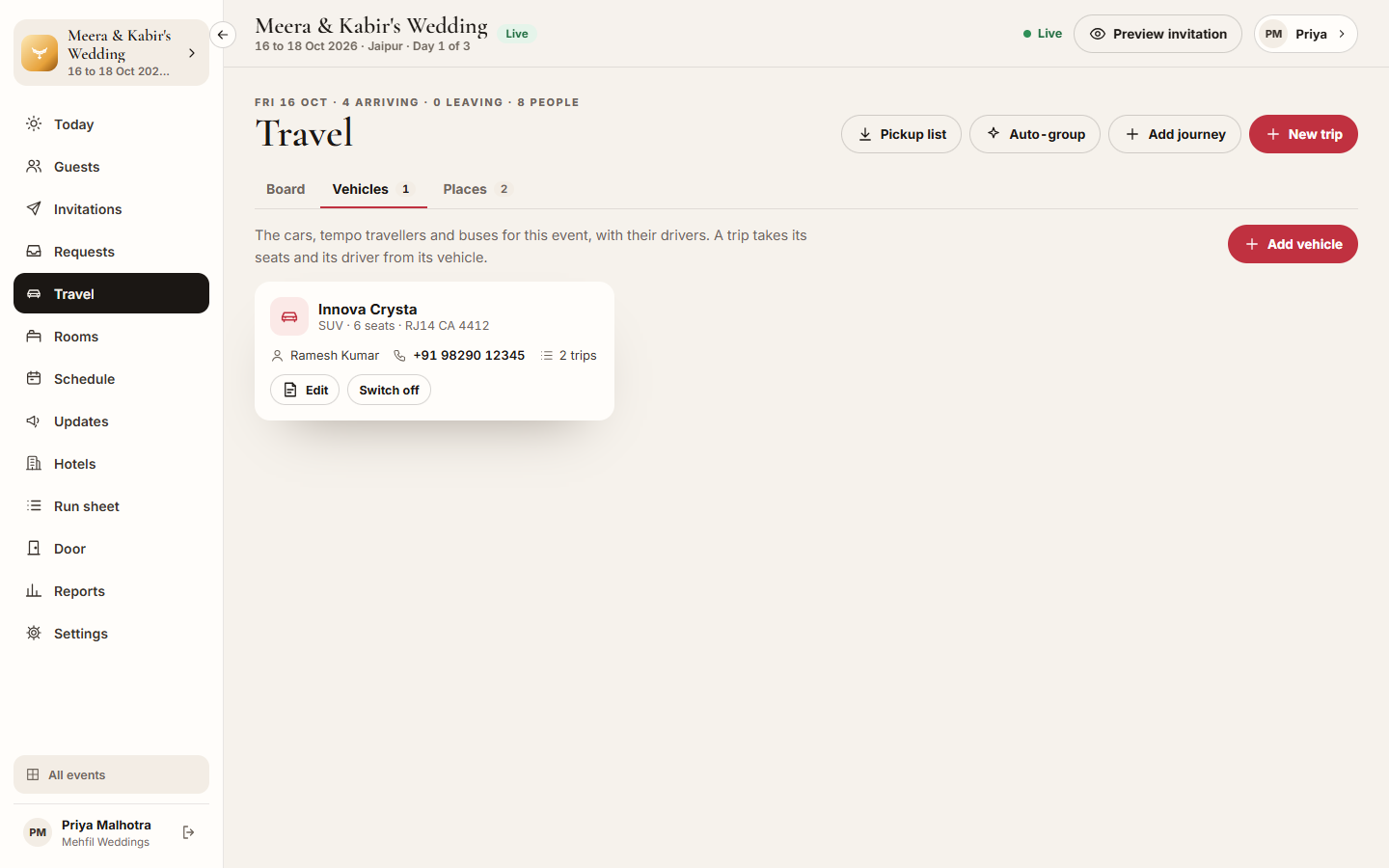 Screenshot: the Vehicles tab with the driver's name and phone