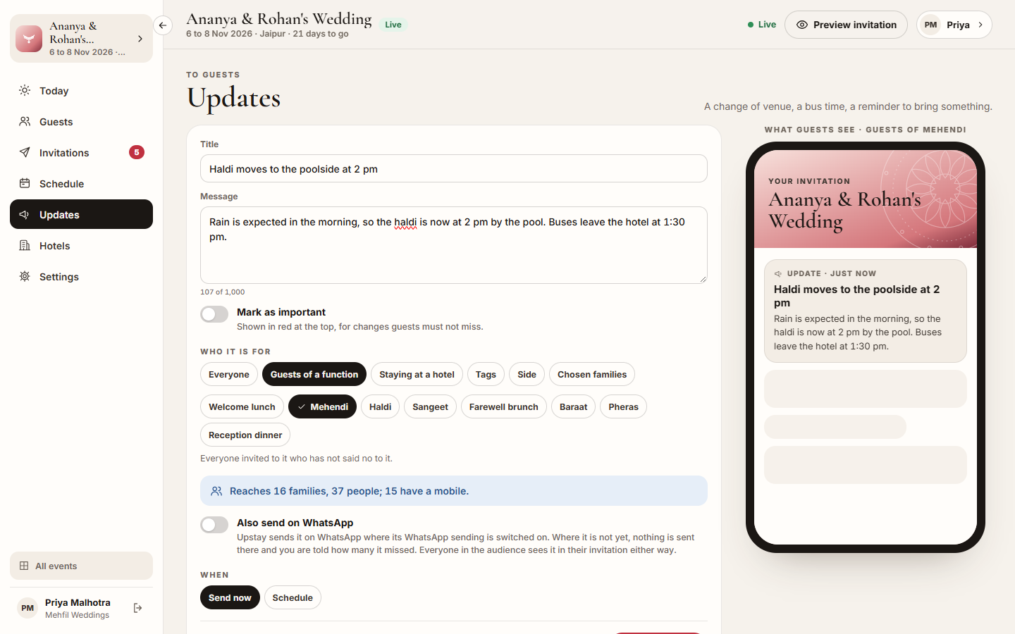Screenshot: the update composer with the phone preview