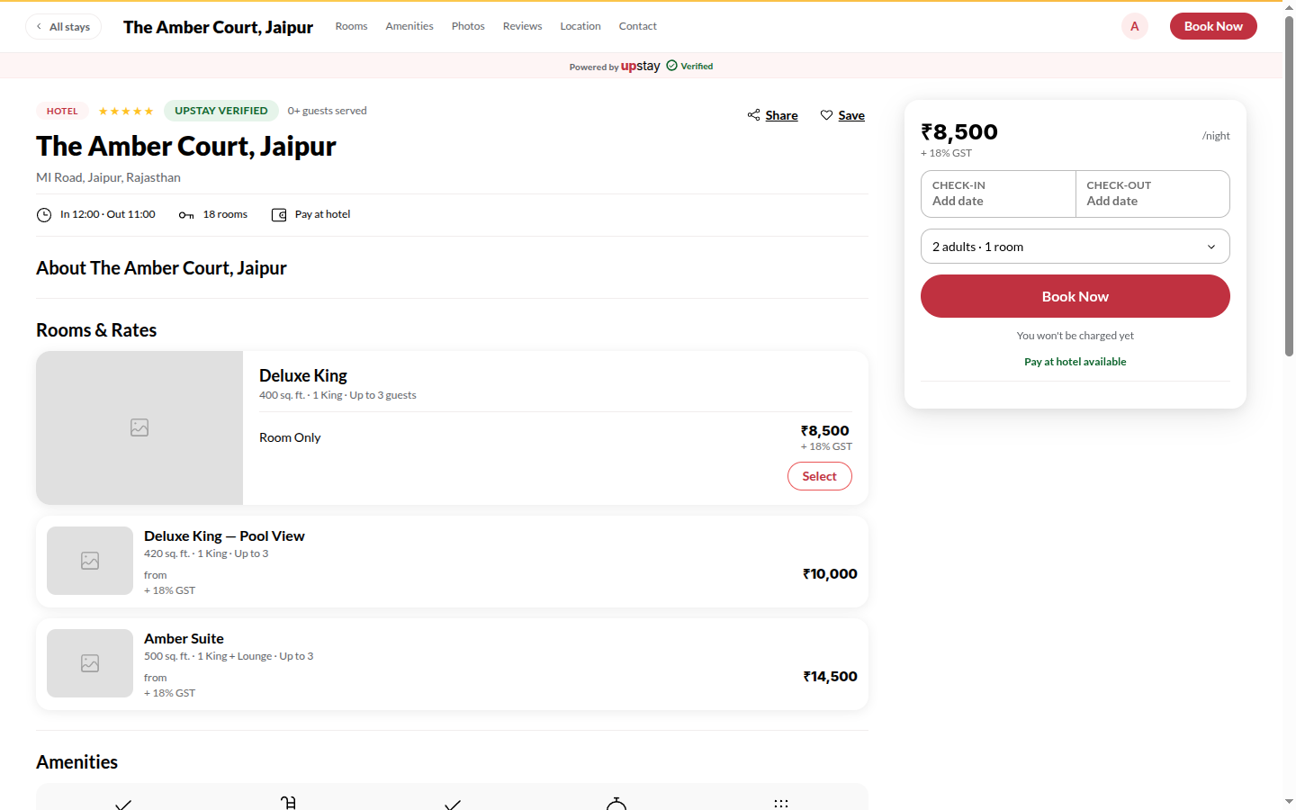 Screenshot: a hotel site with the booking bar