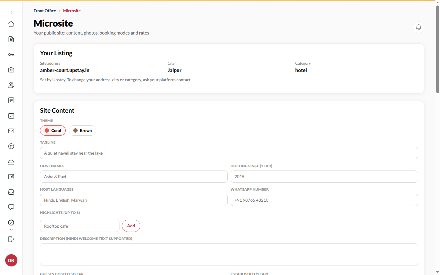 Screenshot: the Microsite page
