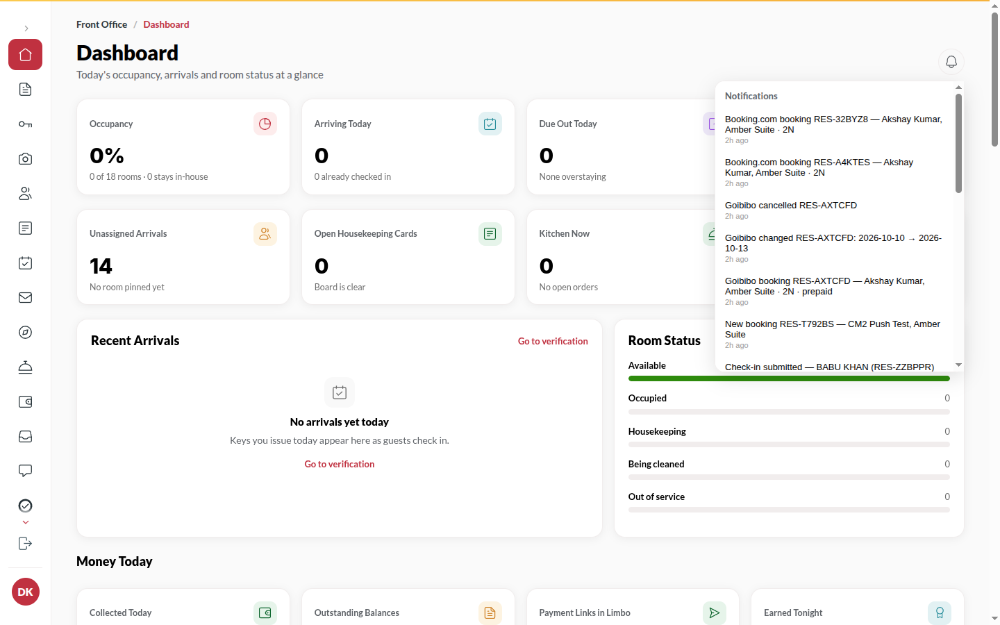 Screenshot: the bell open with new bookings and an order