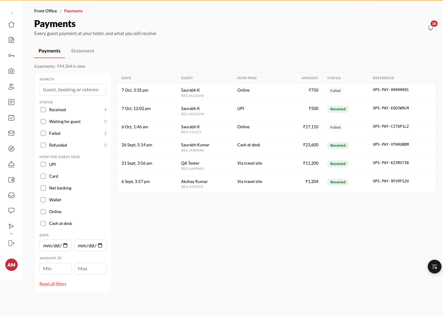 Screenshot: the Payments list with filters