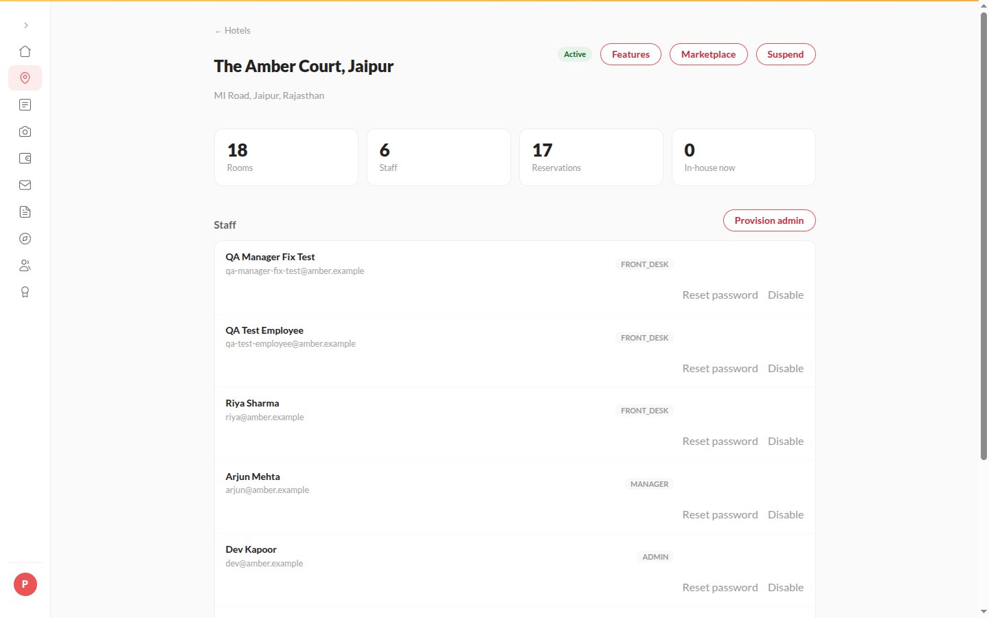Screenshot: the hotel's Channel manager page with a successful test
