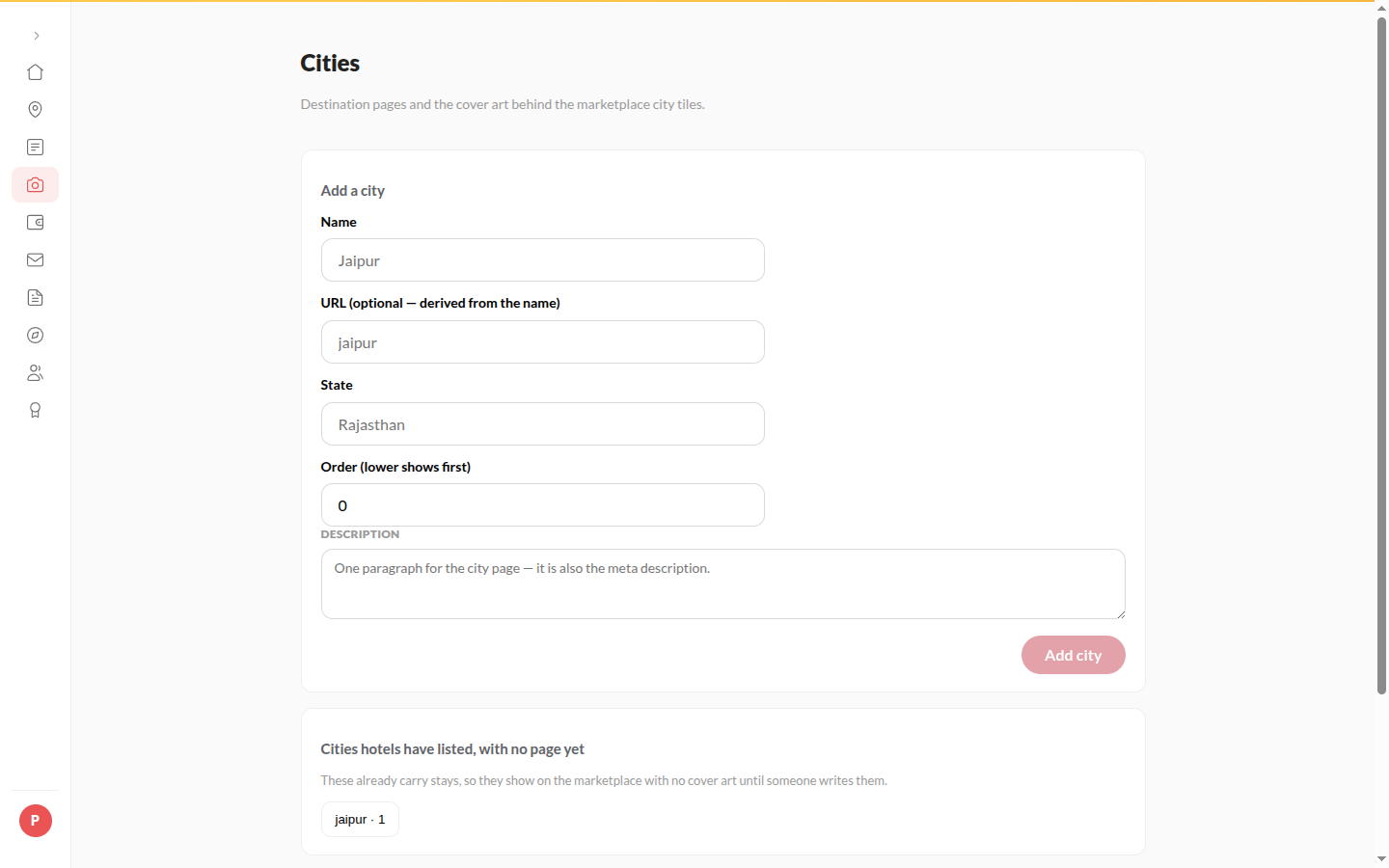 Screenshot: the Cities list