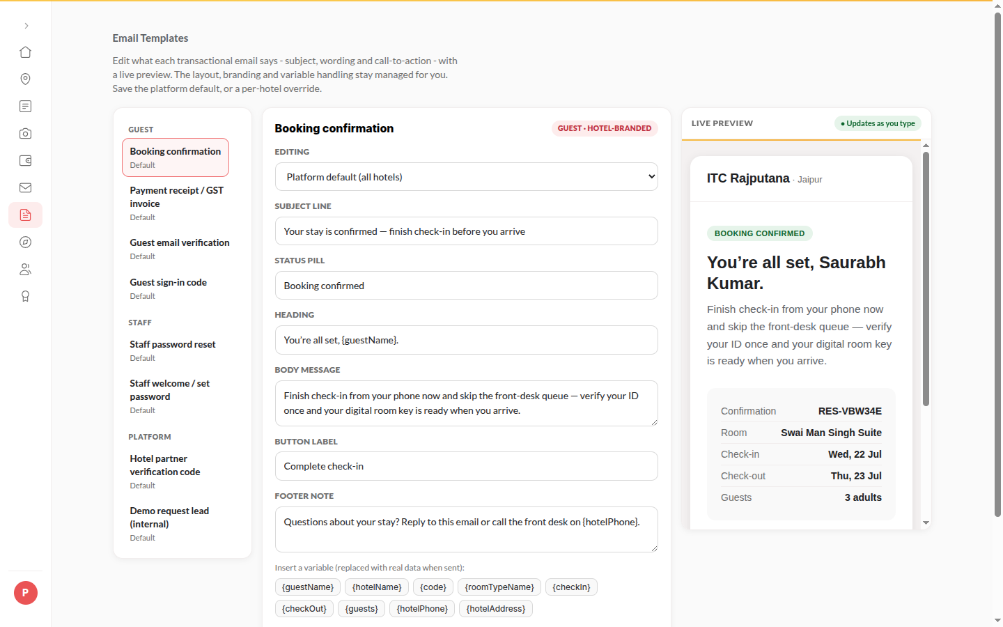 Screenshot: editing the booking confirmation template