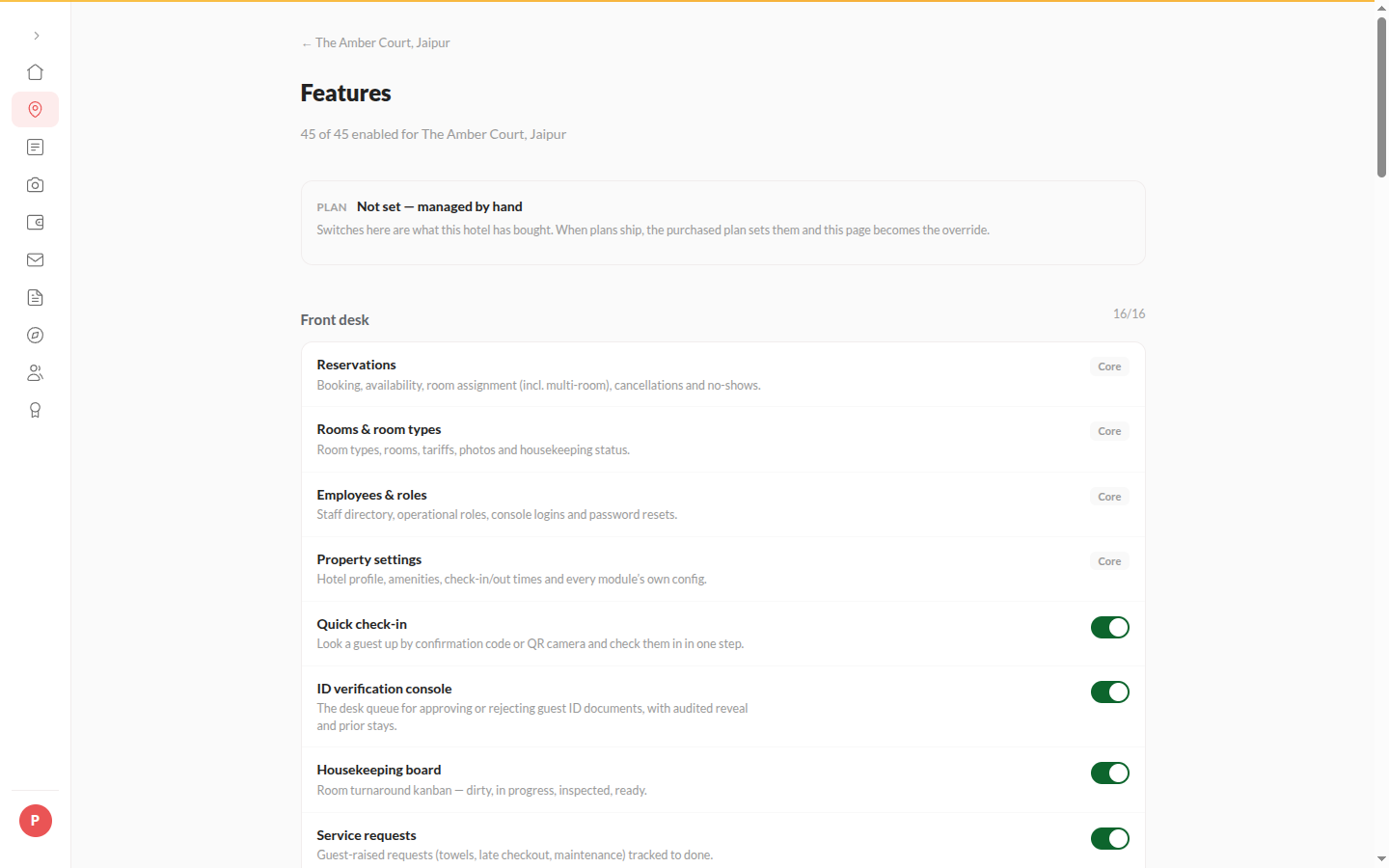 Screenshot: a hotel's Features tab