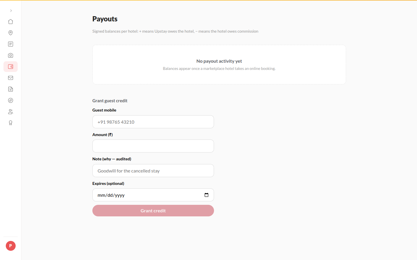Screenshot: a hotel's payout ledger