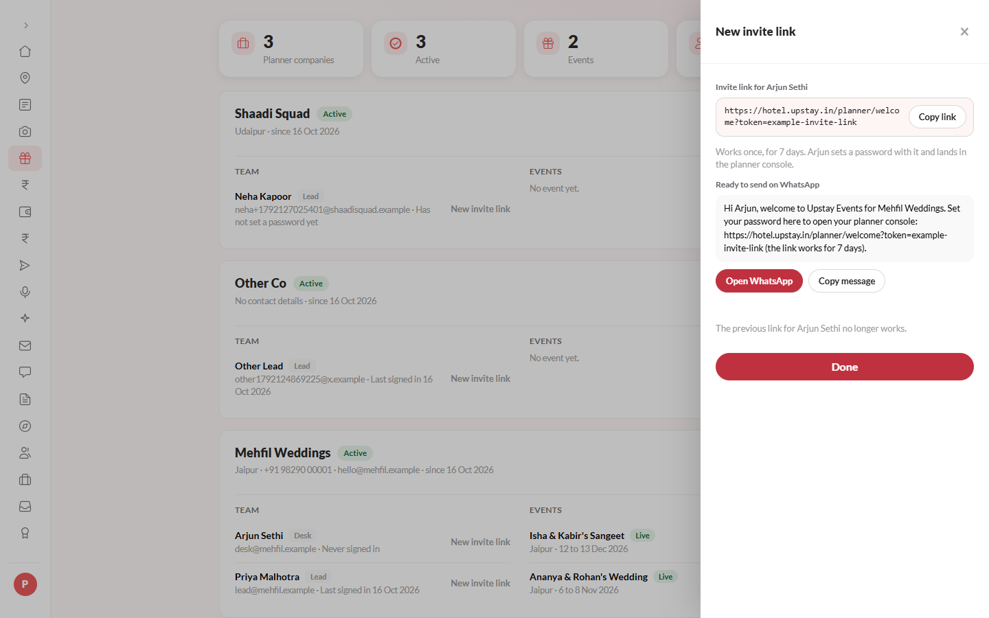 Screenshot: the invite link shown after opening an account