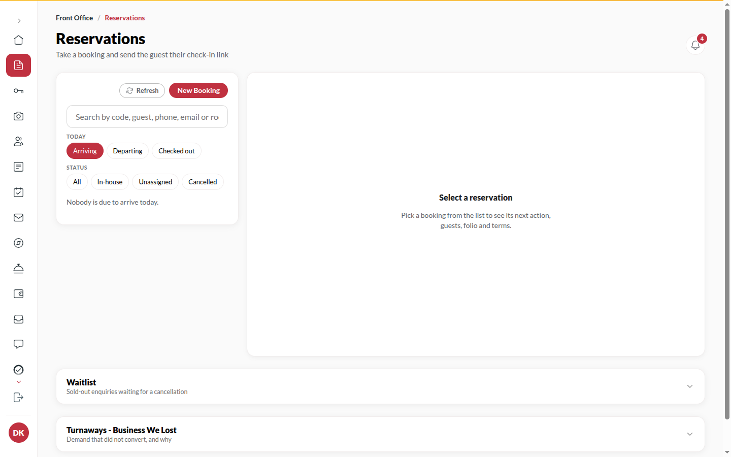 Screenshot: the Bookings list with a guest file open