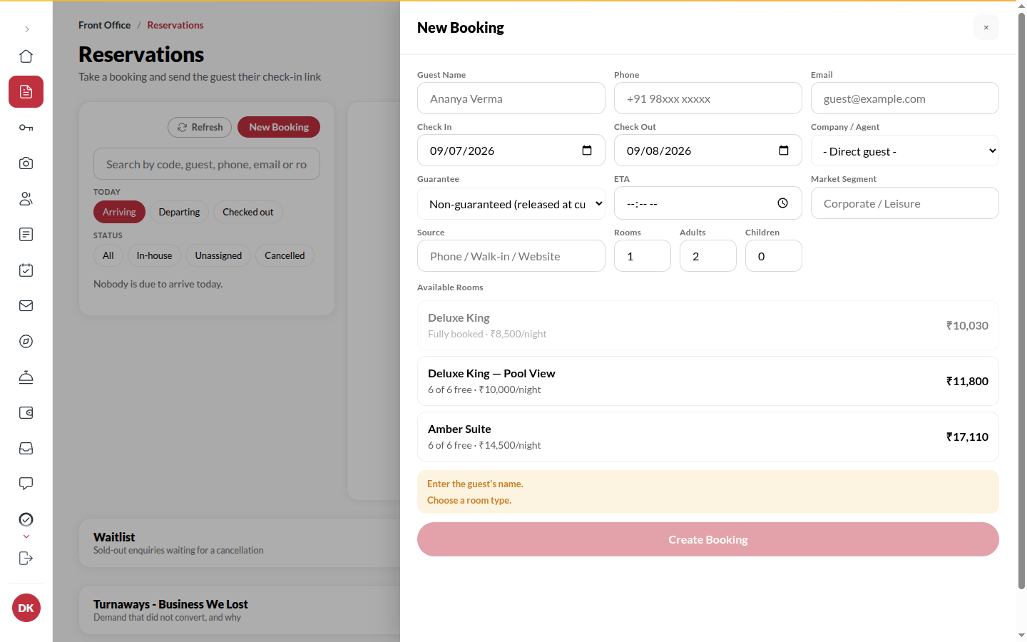 Screenshot: the new booking form