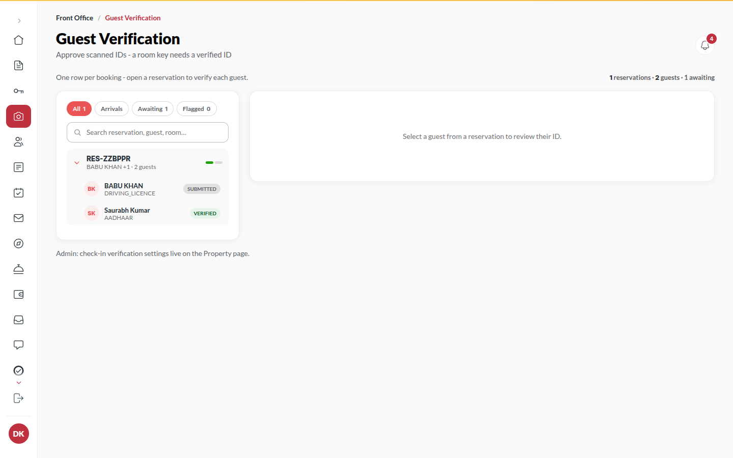 Screenshot: a booking's IDs open for review