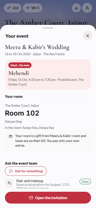 Screenshot: the Your event sheet with the next function, Your room and Ask the event team